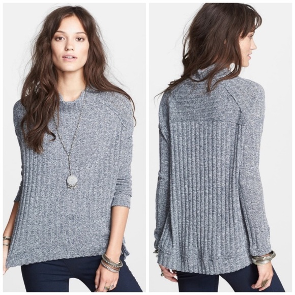 Free People Blue Heather Mock Neck Hi Low Sweater - Picture 7 of 9